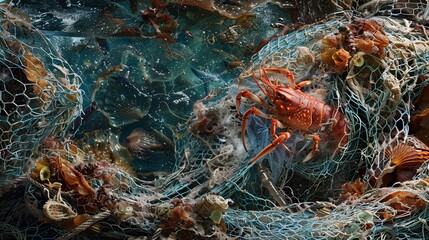 An evocative image featuring a delicate sea creature ensnared in a discarded fishing net, its struggle for freedom symbolizing the pervasive threat of marine debris to marine life, against a backdrop