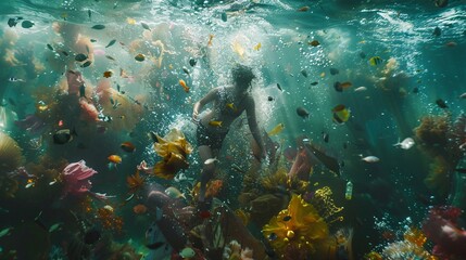 An immersive underwater tableau teeming with marine life, obscured by a haze of plastic pollution, conveying the urgent need for collective action to preserve our oceans