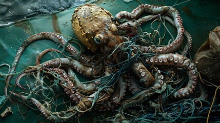 Obraz premium An emotive portrayal of a forlorn sea creature entangled in discarded fishing gear, serving as a stark reminder of the toll exacted by human negligence on marine life