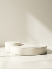 Two modern and minimal beige geometric round cylinder podium in sunlight, shadow on wall for luxury beauty, skincare, cosmetic, body care product display background 3D