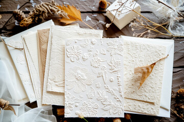 A collection of soft, white embossed cards with intricate botanical and textured designs,