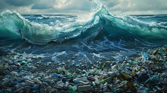 An expansive ocean vista marred by plastic pollution, with hyper-detailed debris floating amidst the waves, evoking a somber reflection on the state of our oceans