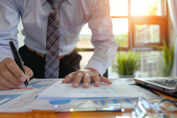 A business professional leans over a desk, focused on analyzing charts and signing documents in a brightly lit office.
