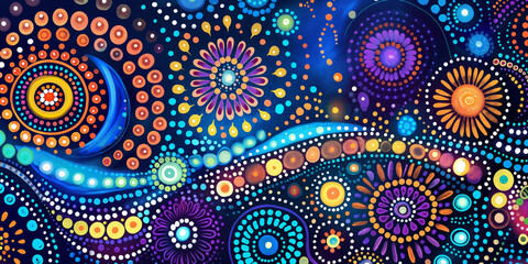 Aboriginal dot painting, bright neon Blue color foreground, kawaii, manga.