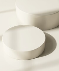 Two modern and minimal beige geometric round cylinder podium in sunlight, shadow for luxury beauty,...