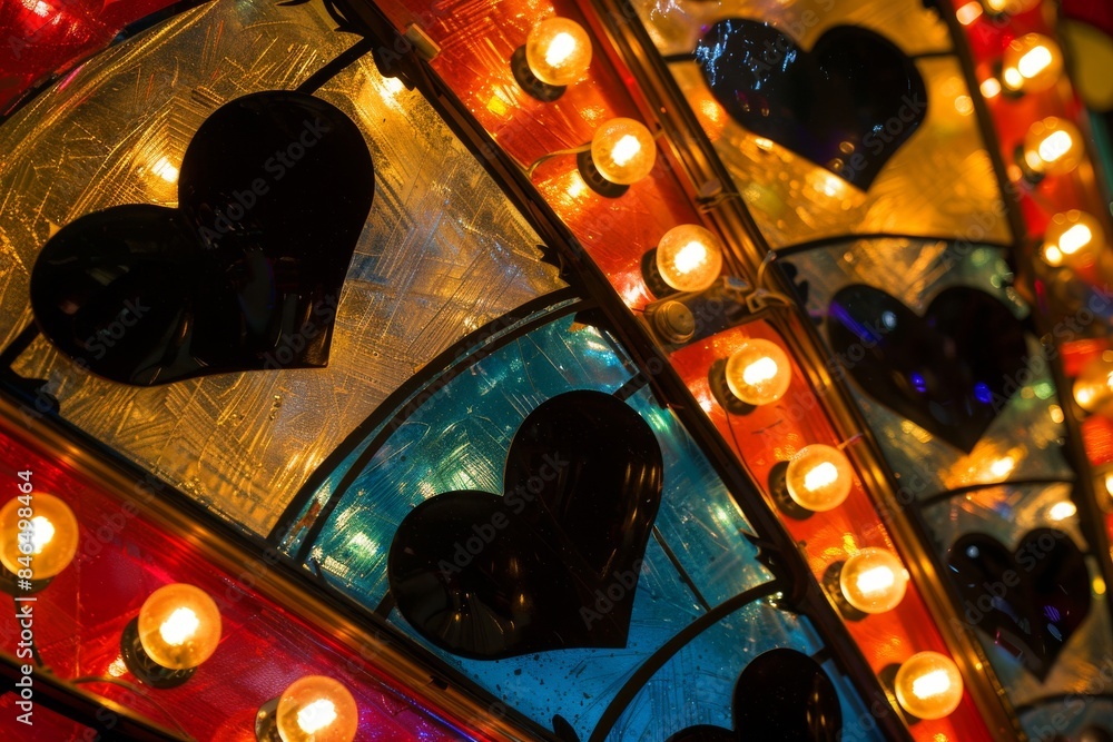 Poster illuminated heart shapes in a vibrant mirrored composition with colorful lights and reflective surfa