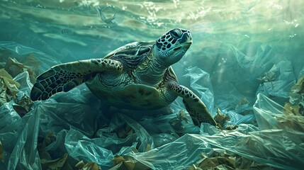 Fototapeta premium An emotive depiction of a sea turtle struggling to navigate through a sea of plastic bags, highlighting the urgent need for conservation efforts to protect endangered species