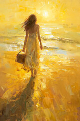 Woman Walking in the Sun.  Generated image.  A digital illustration of a painting of a beautiful woman walking in the sun.