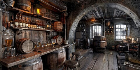 Vintage wooden bar interior with warm lighting and cozy atmosphere, featuring classic counter and stools for an inviting setting, Gerberative AI