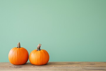 Two orange pumpkins on a teal background with copy space, perfect for Halloween or autumn-themed designs and festive decorations.
