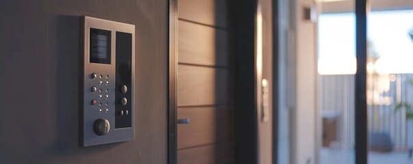 Modern intercom system installed on the wall of a contemporary home entrance, enhancing security and communication.