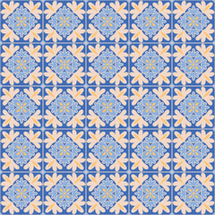 Azulejo mosaic tile pattern. blue, white, yellow colored geometric motifs. Mediterranean, Portuguese, Spanish, Moroccan traditional vintage style vector background
