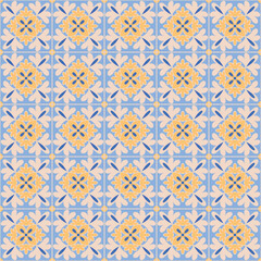 Azulejo mosaic tile pattern. blue, white, yellow colored geometric motifs. Mediterranean, Portuguese, Spanish, Moroccan traditional vintage style vector background
