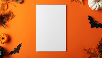Blank white frame surrounded by Halloween pumpkins, bats, and leaves on an orange background, ideal for festive designs and invitations.