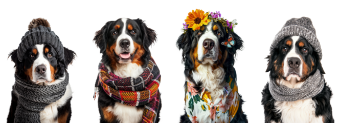 Seasonal Bernese Mountain dog portraits  isolated on transparent background