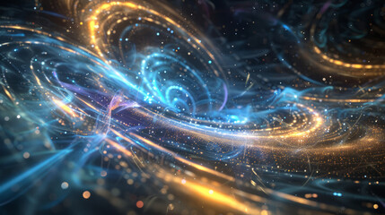Colorful abstract background with contoured spacetime waves and forming stars glowing on dark background science gravity physics gravitational waves AI quantum computing early universe concepts