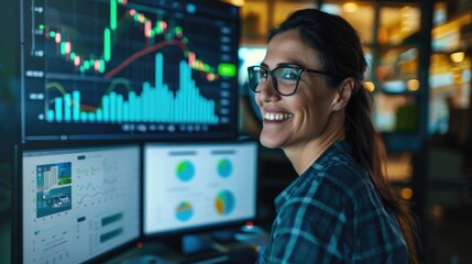 Successful Businesswoman Smiling with Profit Graphs in Modern Office Setting