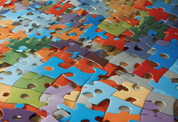 a giant puzzle forming the backdrop, with each piece representing a key aspect of the.AI generated