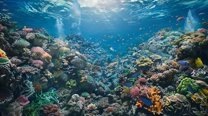 Naklejka premium An immersive underwater vista showcasing the intricate beauty of a coral reef teeming with life, juxtaposed against the stark reality of plastic pollution, with each detail rendered in hyper-detailed