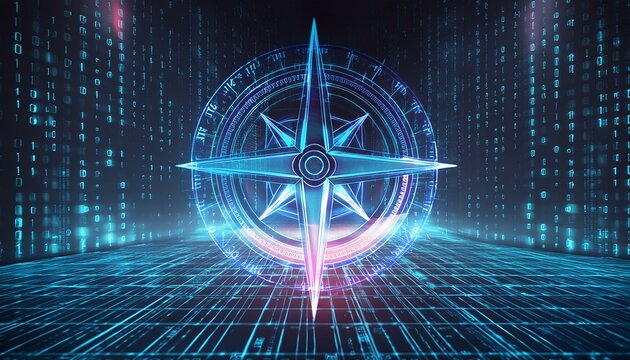 ai ethics compass responsible cyber virtual hologram holographic projection 3d background wallpaper trustworthy artificial intelligence digital illustration graphic design shine shining light ethical