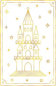 Tarot card tower. The major arcana of a deck of cards.