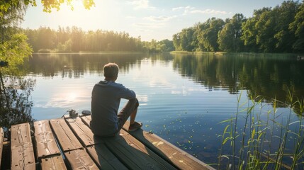 Serene Moment of Reflection - Man Sitting on Dock by Calm Lake Enjoying Tranquil Scenery with Sunlight Glistening on Water