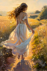 Woman Walking in the Sun.  Generated image.  A digital illustration of a painting of a beautiful woman walking in the sun.