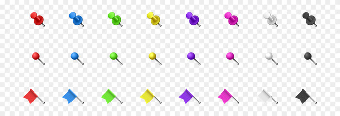 Vector set of realistic pushpins png. Multi-colored pushpins png. Pushpins in the form of a pin or a flag.