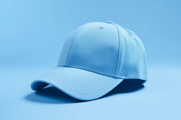Fototapeta premium Blue Baseball Cap Mockup on Minimalist Blue Background: Empty Cap Mockup for Logo Placement - Blank Cap for Branding, Sportswear, and Fashion Design - Simple and Clean Product Display