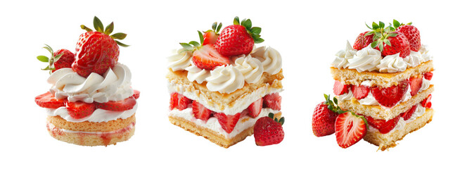 Assorted Fresh Strawberry Shortcakes with Whipped Cream Isolated on Transparent Background