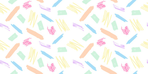 Seamless bright multicolor horizontal pattern with marker strokes. Abstract decorative pattern with brushstrokes. Pattern on changeable white background.