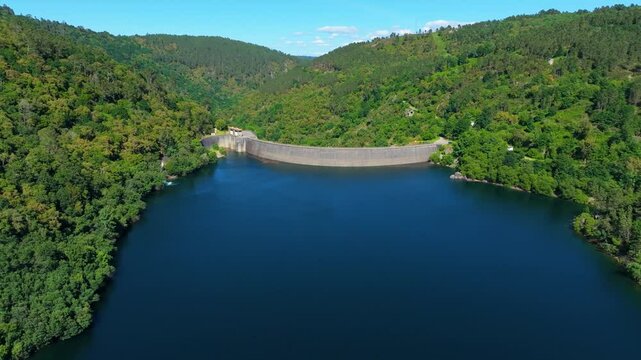 Aerial view of the Encoro de Albarellos Water Treatment Plant In Rio Avia, Ribadavia, Galicia, Spain