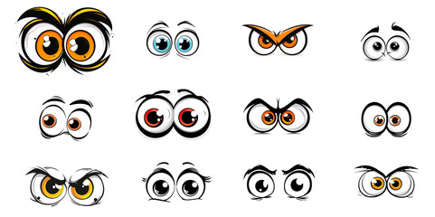 Ensemble de paires d’œil de dessins animés. En colère, riant, souriant, surpris, effrayé et autres expressions. Illustration