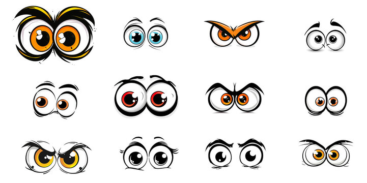 Ensemble de paires d&rsquo;&oelig;il de dessins anim&eacute;s. En col&egrave;re, riant, souriant, surpris, effray&eacute; et autres expressions. Illustration