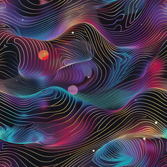 Seamless pattern abstract background with stars and waves on dark background science spacetime gravitational waves AI quantum computing concepts