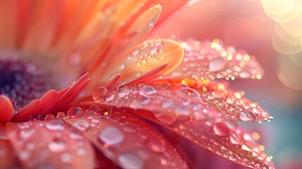 Fototapeta premium Intricate Dew Droplets Glistening on a Vibrant Petal in the Soft Morning Light