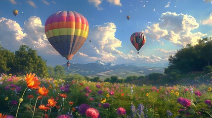 Obraz premium Colorful Hot Air Balloon Festival Above Lush Meadows and Wildflowers
