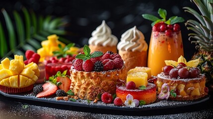 A decadent assortment of tropical desserts arranged in a visually stunning display against a sleek black background