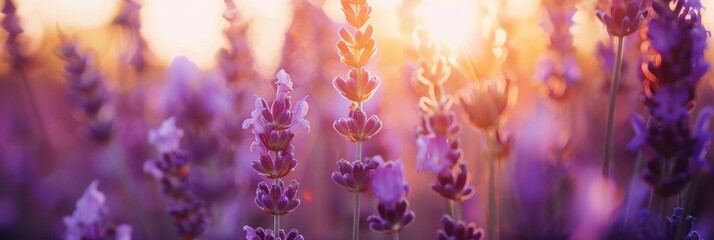 Blooming lavender in a field at sunset. Close up.