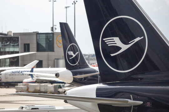 Closeup of Lufthansa airplanes at Frankfurt International Airport, Germany