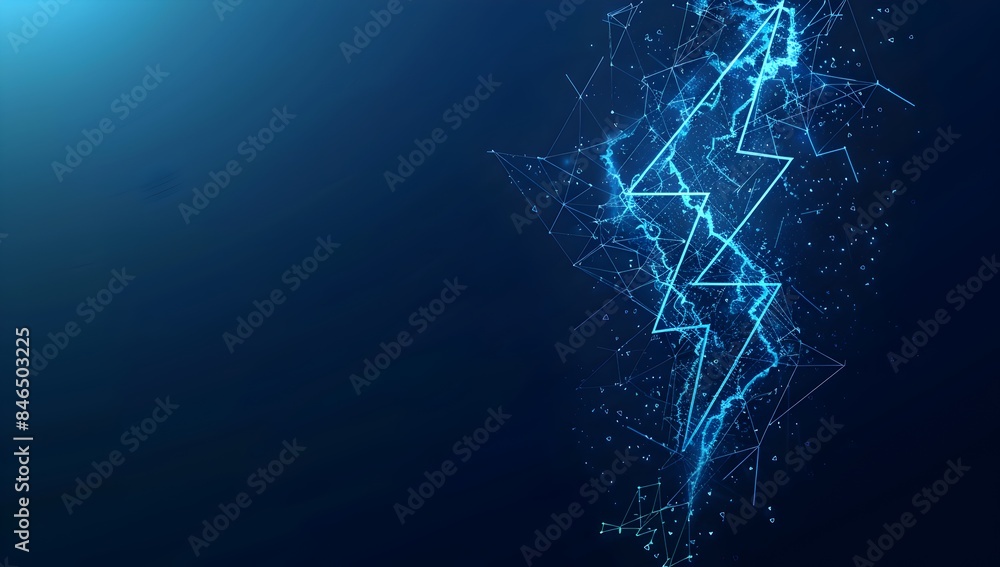 Poster lightning icon in the style of low poly polygonal wireframe on blue background vector illustration, 