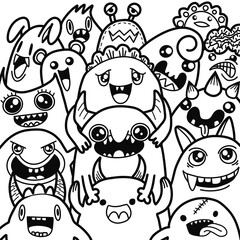 Hand-drawn illustrations, monsters doodle, Hand Drawn cartoon monster illustration,Cartoon crowd doodle hand-drawn Doodle style.black and white stripes coloring  book.