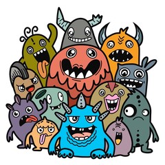 Hand-drawn illustrations, monsters doodle, Hand Drawn cartoon monster illustration,Cartoon crowd doodle hand-drawn Doodle style.