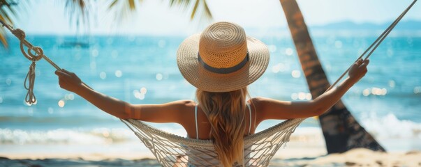 Woman relaxing in a hammock by the beach, enjoying the tropical paradise with a stunning ocean view.