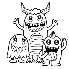 Hand-drawn illustrations, monsters doodle, Hand Drawn cartoon monster illustration,Cartoon crowd doodle hand-drawn Doodle style.black and white stripes coloring  book.