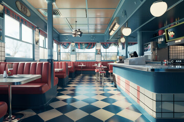 Fototapeta premium A retro-themed American diner with checkered floors, red booths, chrome counter, and ambient lighting captures the essence of nostalgia and comfort.