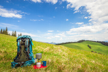 Hiking in the mountains with a backpack.