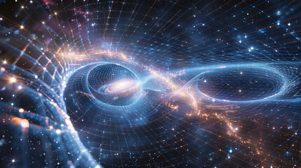 Fototapeta premium Colorful abstract background with contoured spacetime waves and forming stars glowing on dark background science gravity physics gravitational waves AI quantum computing early universe concepts