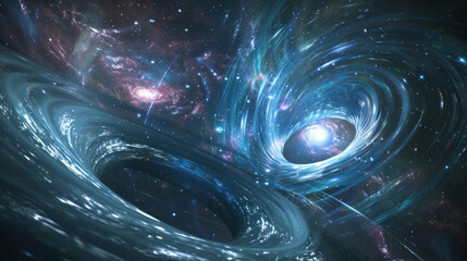 Colorful abstract background swirling contoured spacetime waves and forming stars glowing on dark background science gravity physics gravitational waves AI quantum computing early universe concepts