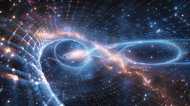 Colorful abstract background with contoured spacetime waves and forming stars glowing on dark background science gravity physics gravitational waves AI quantum computing early universe concepts